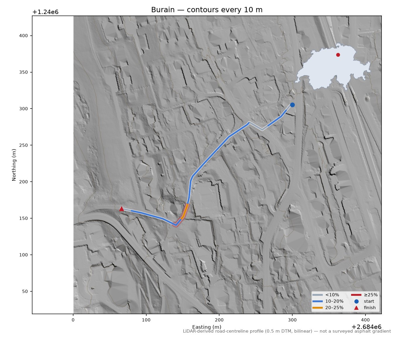 Burain LiDAR hillshade map with contours