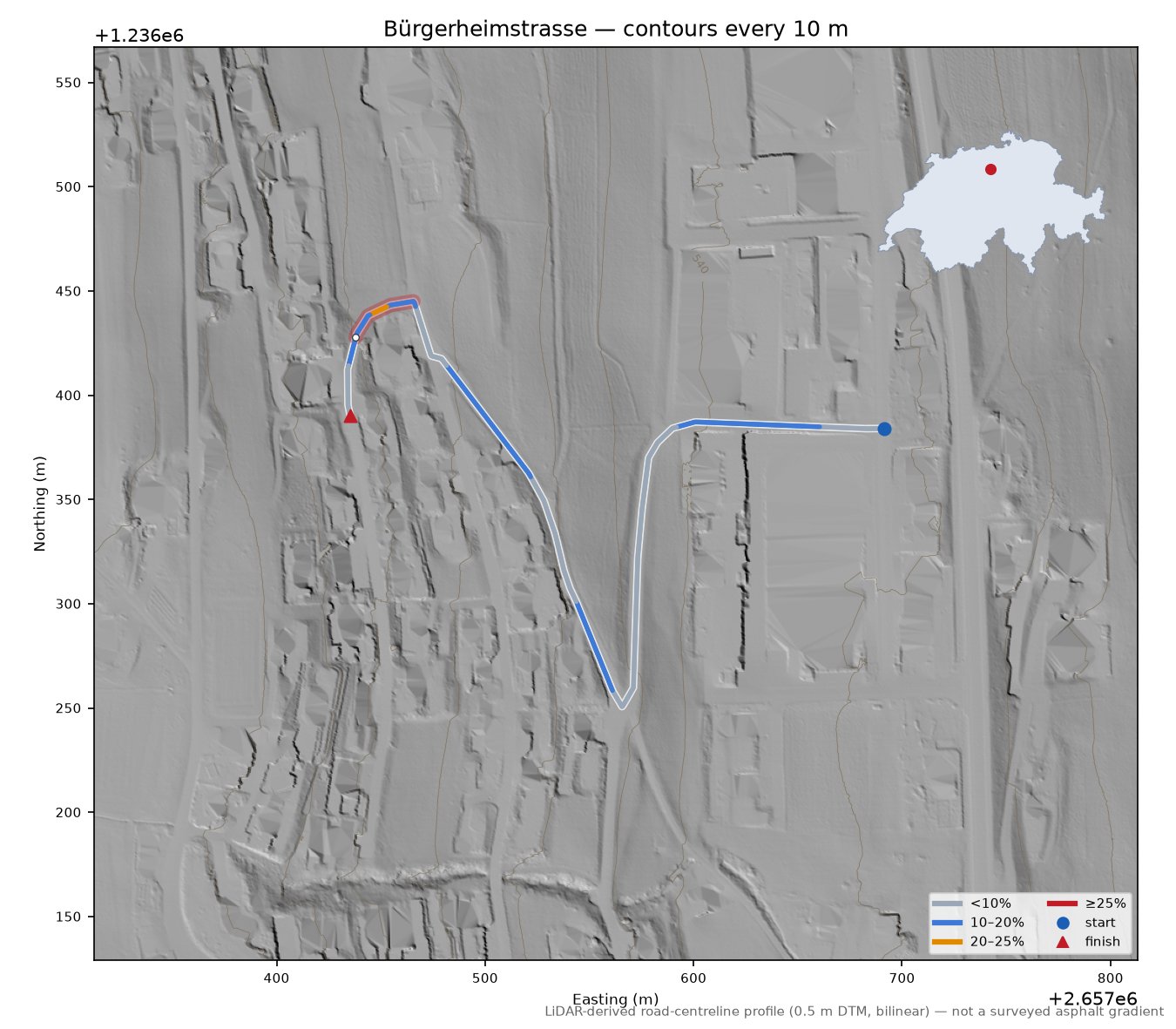 Bürgerheimstrasse LiDAR hillshade map with contours