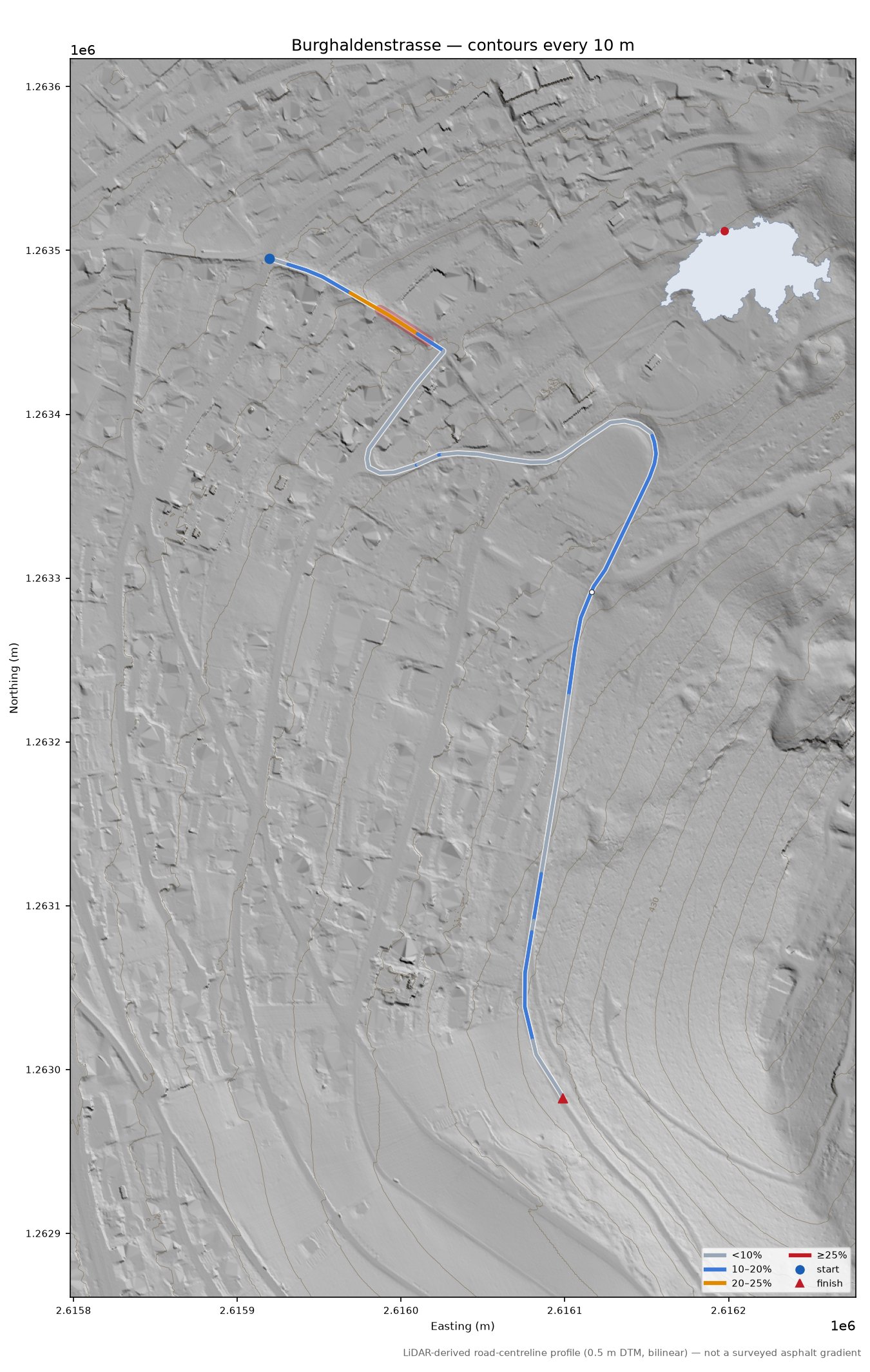 Burghaldenstrasse LiDAR hillshade map with contours