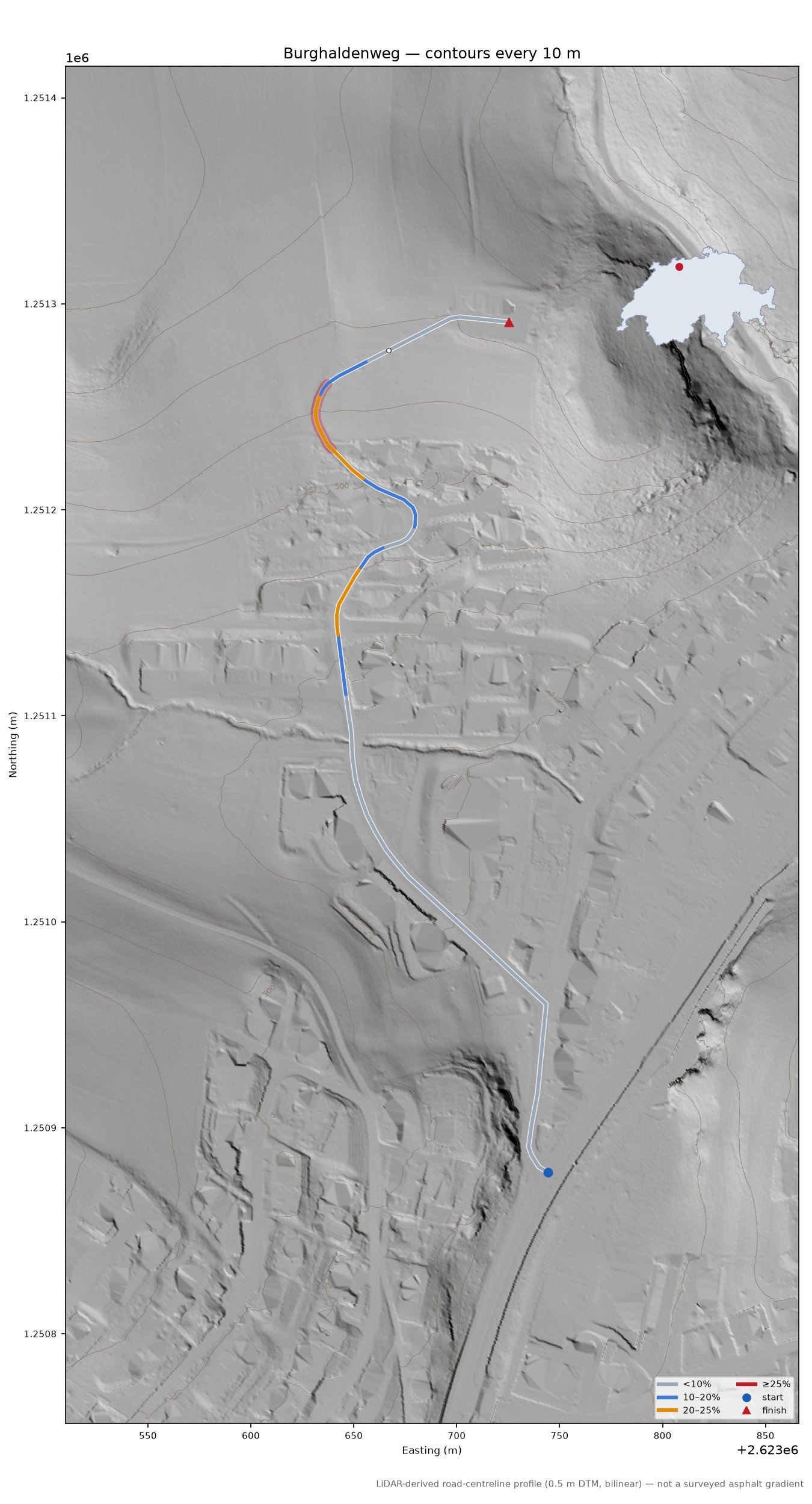 Burghaldenweg LiDAR hillshade map with contours