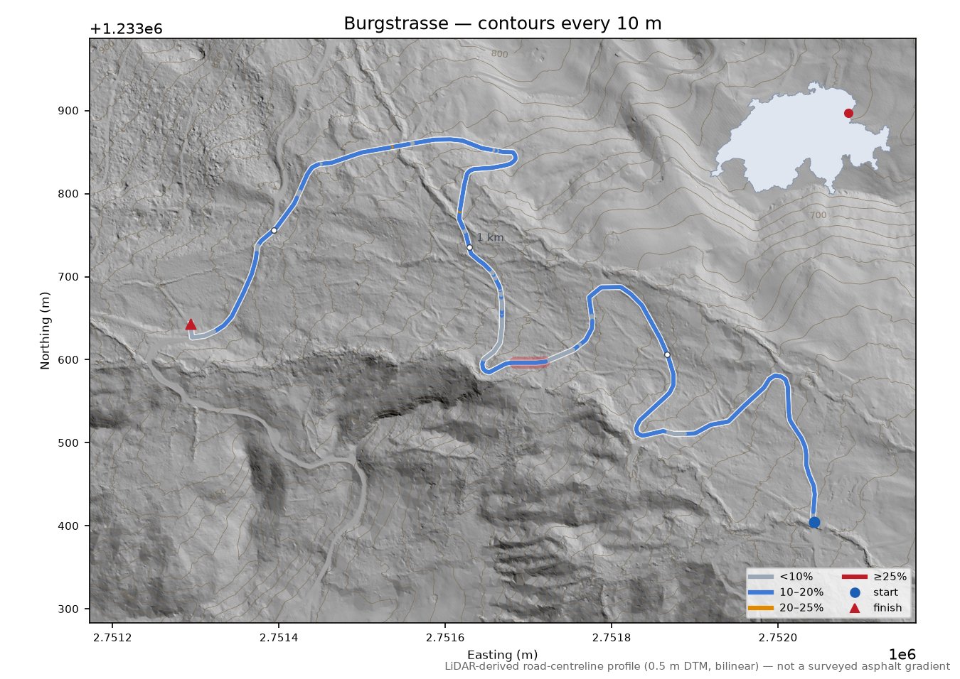 Burgstrasse LiDAR hillshade map with contours
