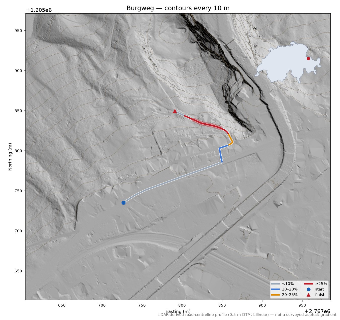 Burgweg LiDAR hillshade map with contours
