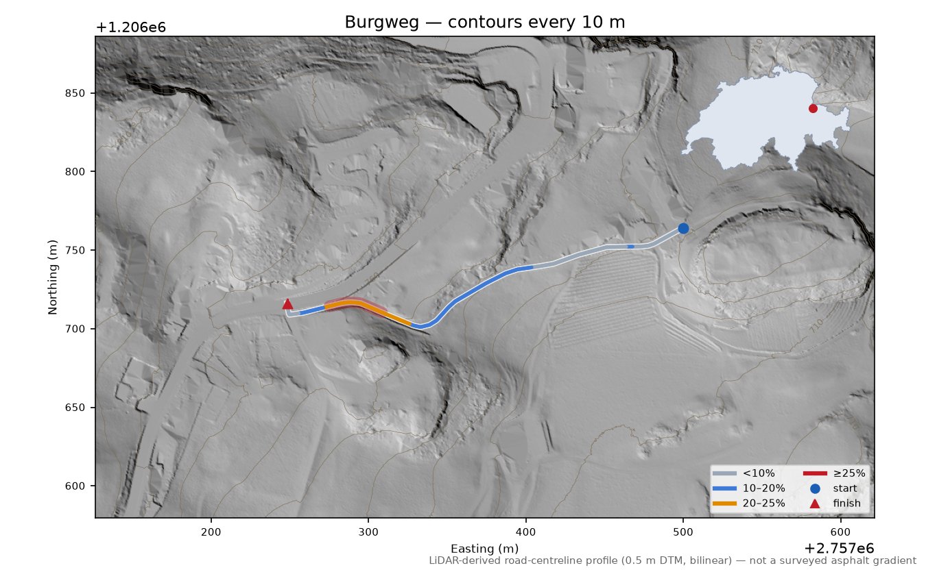 Burgweg LiDAR hillshade map with contours