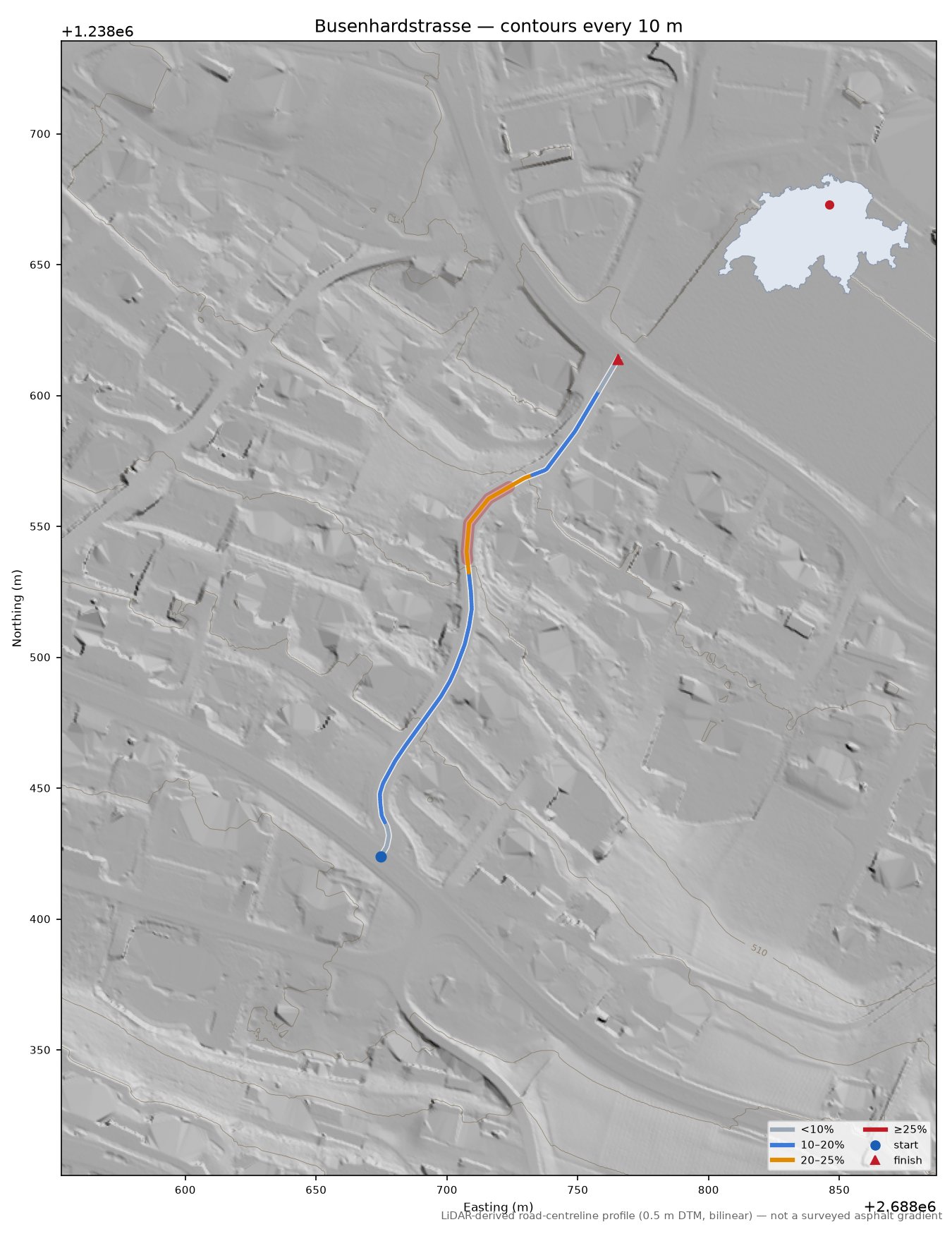 Busenhardstrasse LiDAR hillshade map with contours