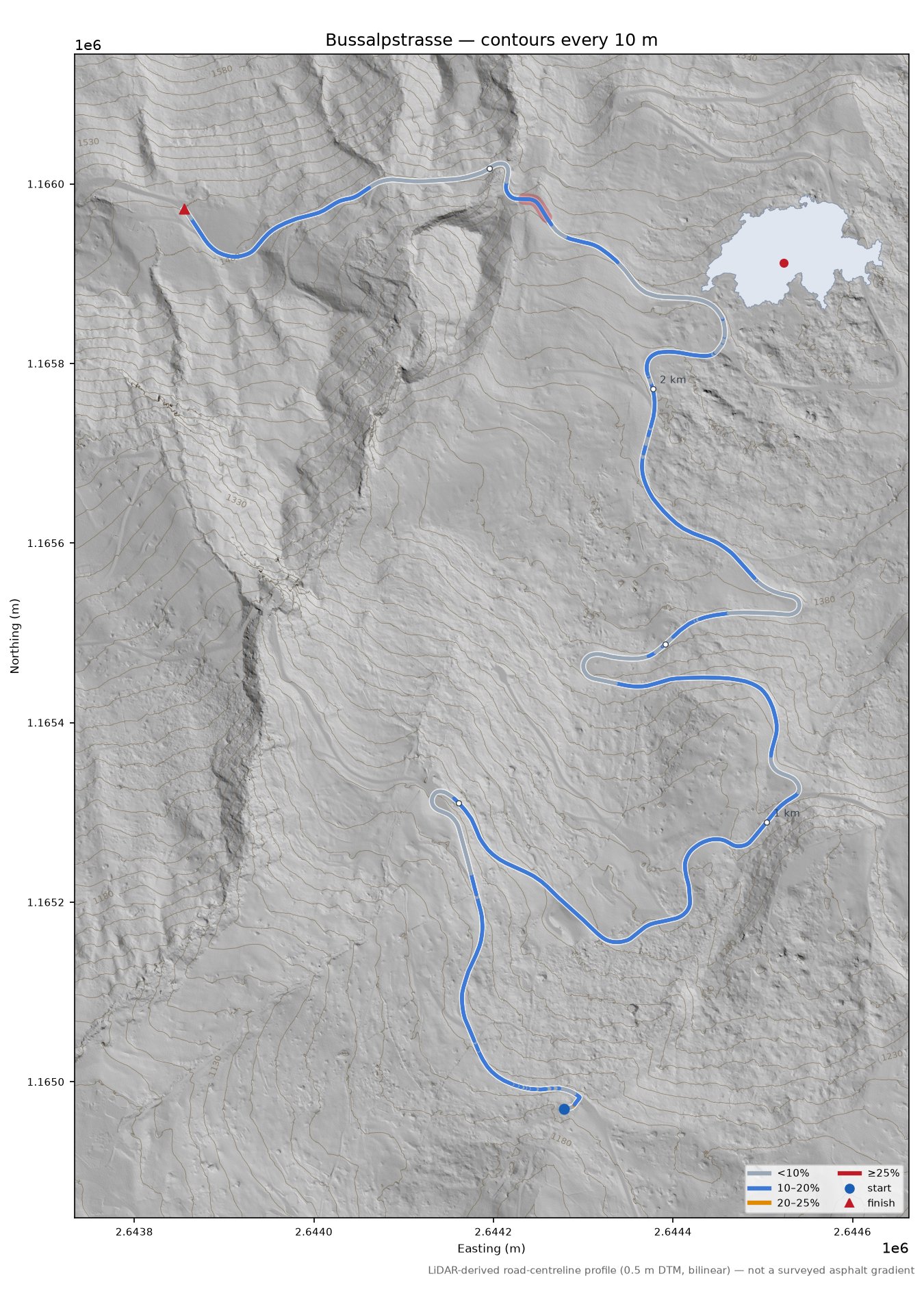 Bussalpstrasse LiDAR hillshade map with contours