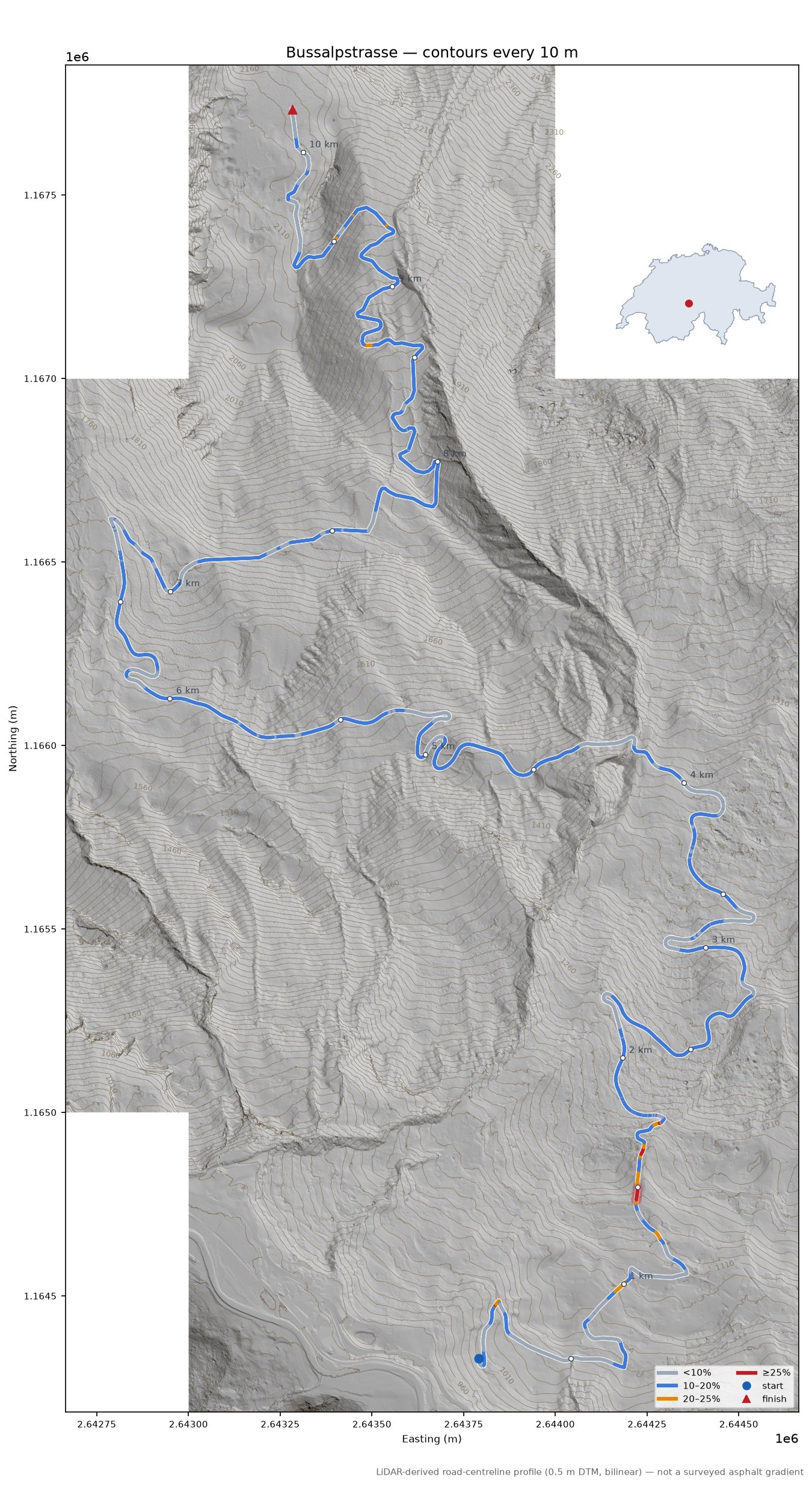 Bussalpstrasse LiDAR hillshade map with contours