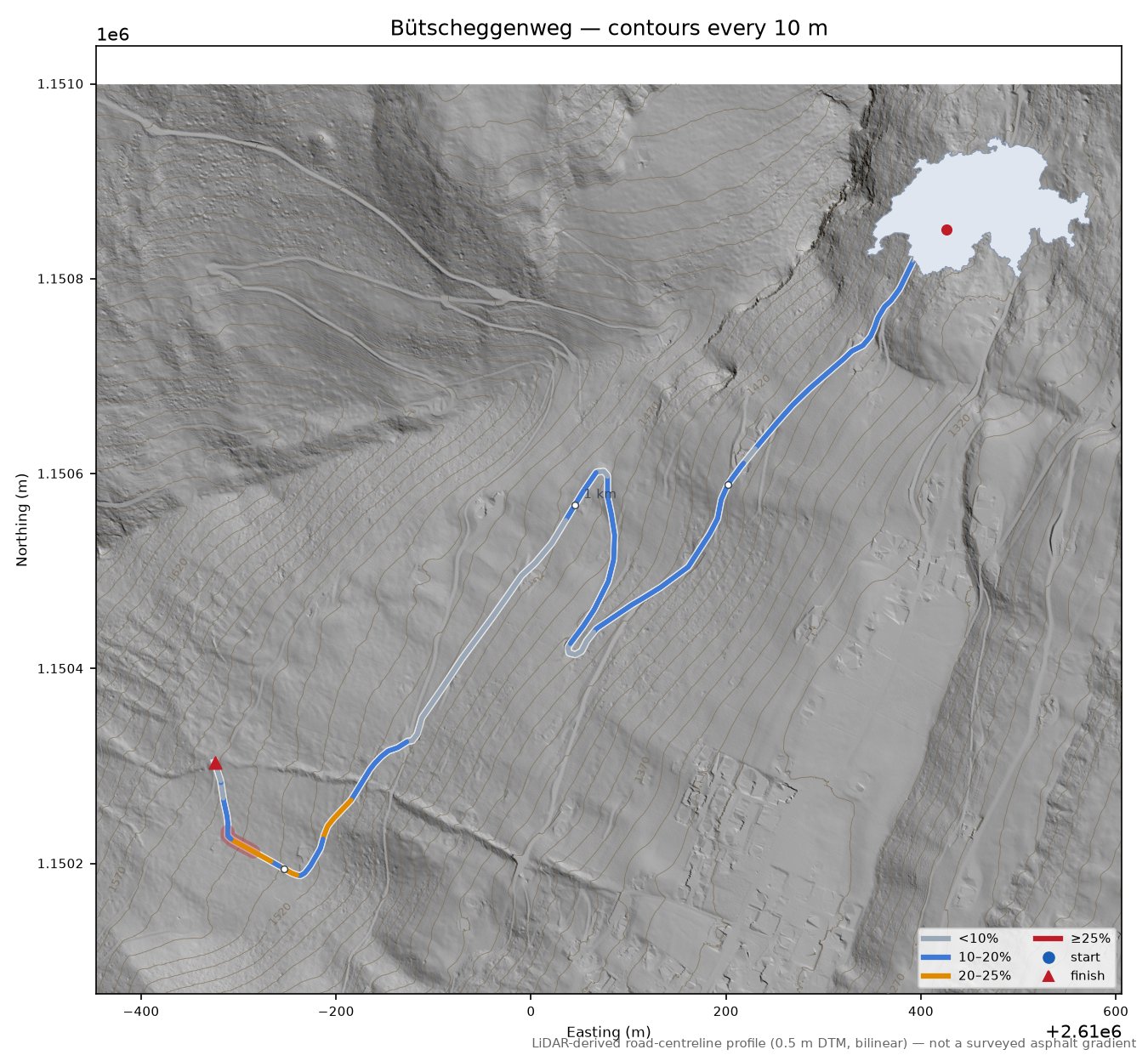 Bütscheggenweg LiDAR hillshade map with contours