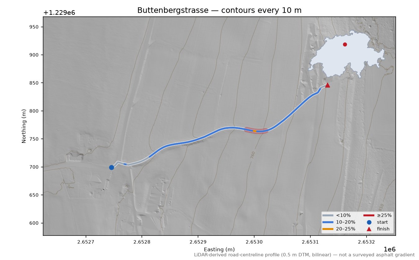 Buttenbergstrasse LiDAR hillshade map with contours