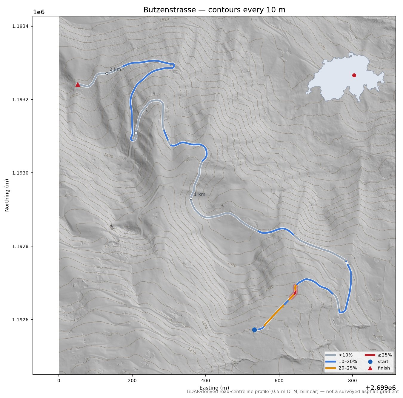 Butzenstrasse LiDAR hillshade map with contours