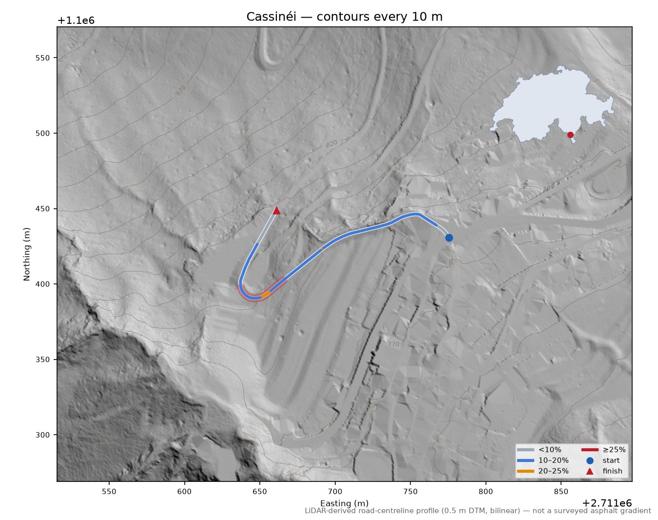 Cassinéi LiDAR hillshade map with contours