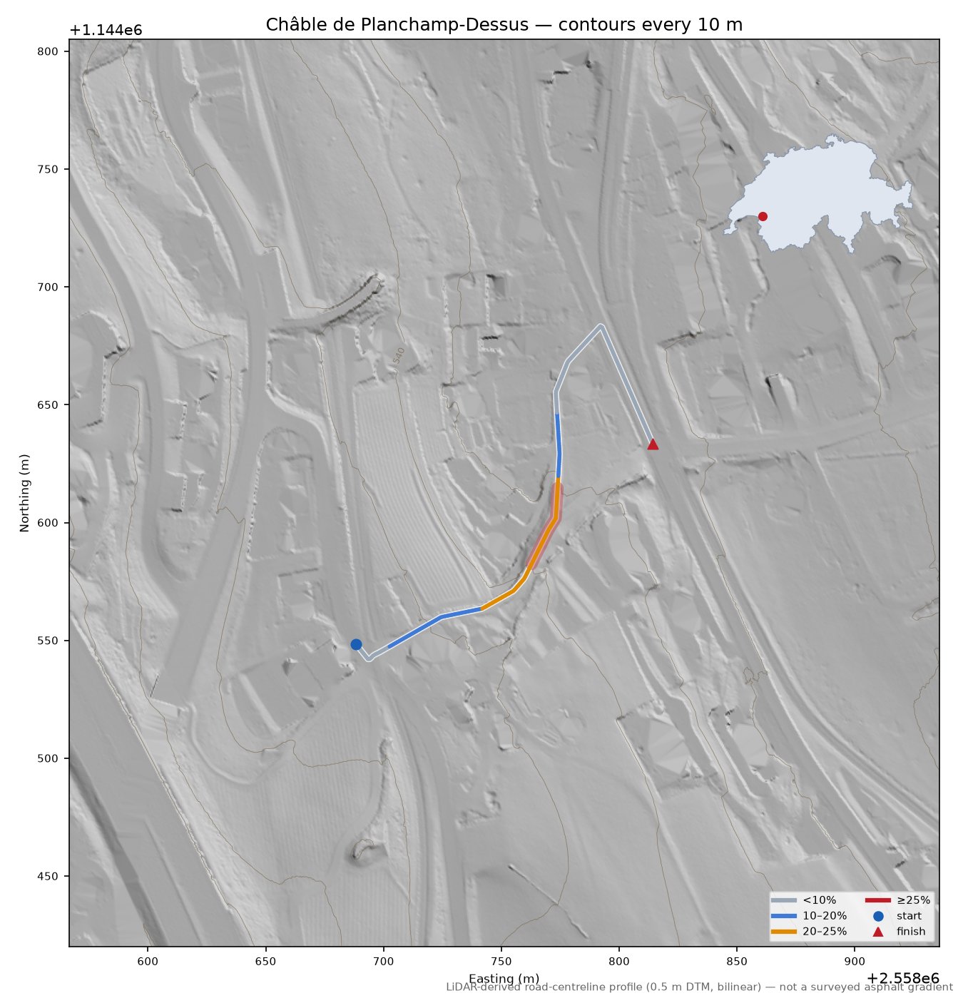 Châble de Planchamp-Dessus LiDAR hillshade map with contours