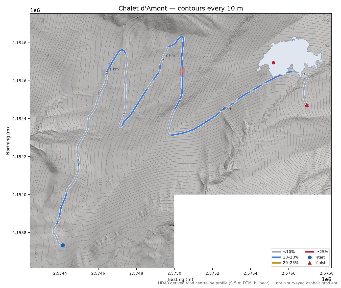 Chalet d'Amont LiDAR hillshade map with contours