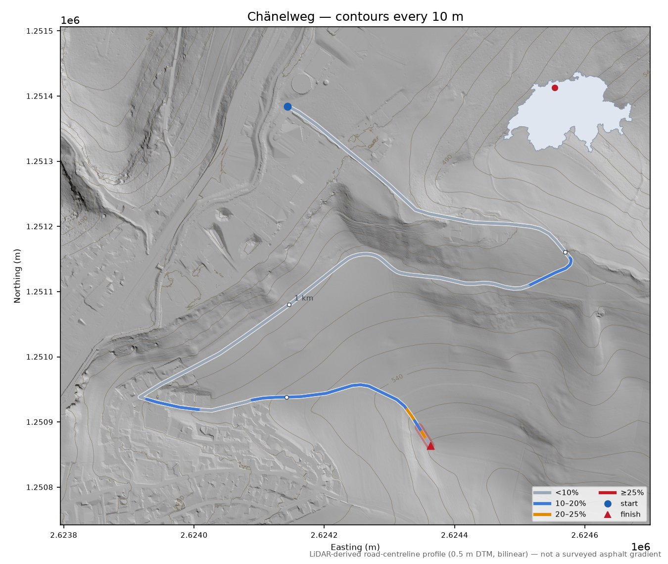 Chänelweg LiDAR hillshade map with contours