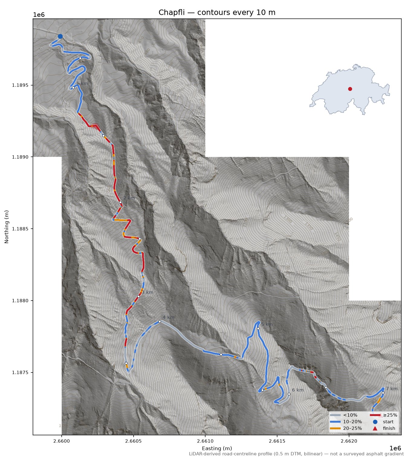 Chapfli LiDAR hillshade map with contours
