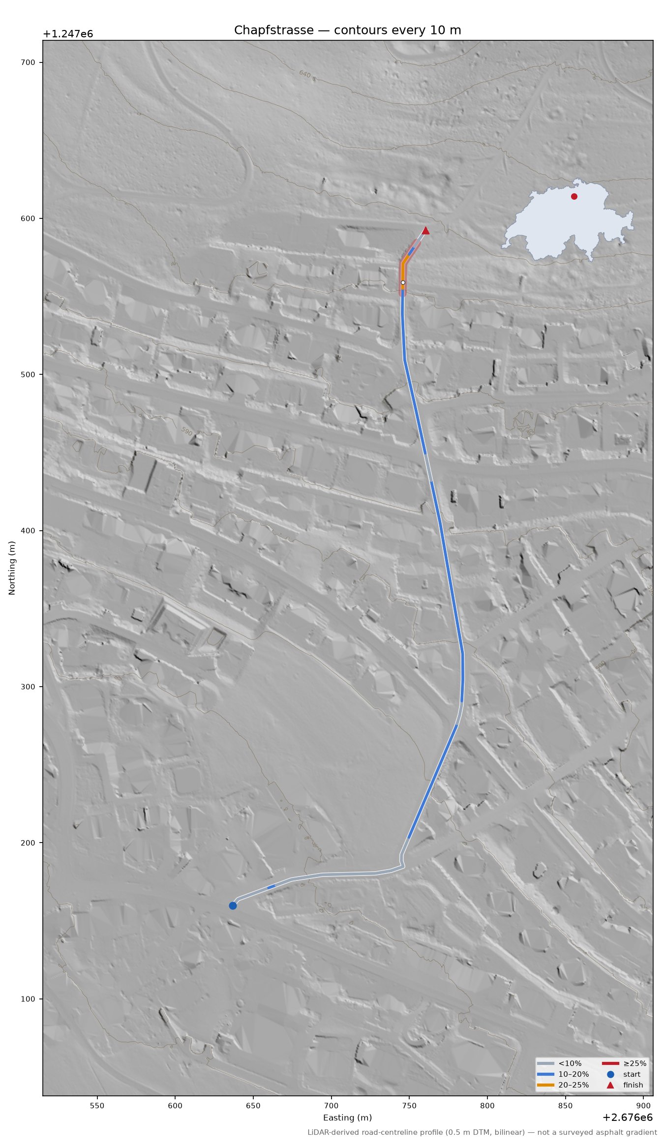 Chapfstrasse LiDAR hillshade map with contours