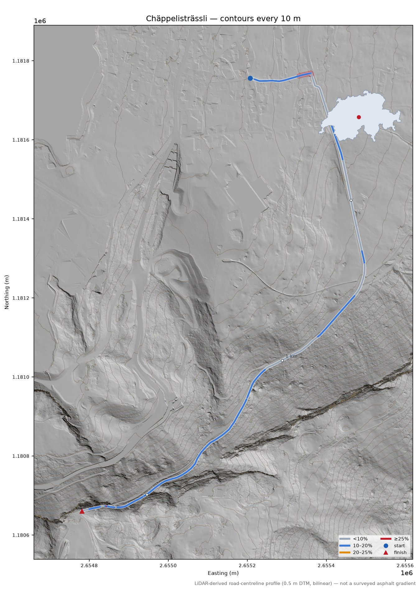 Chäppelisträssli LiDAR hillshade map with contours