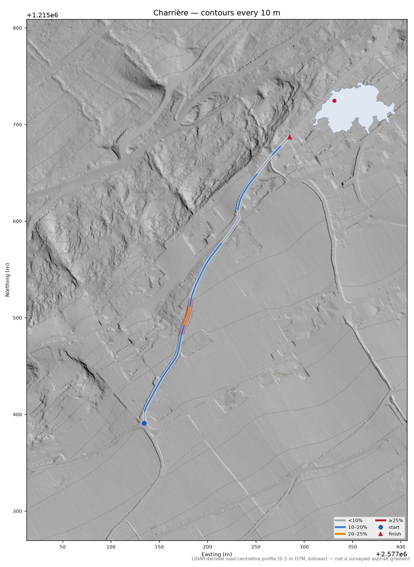 Charrière LiDAR hillshade map with contours
