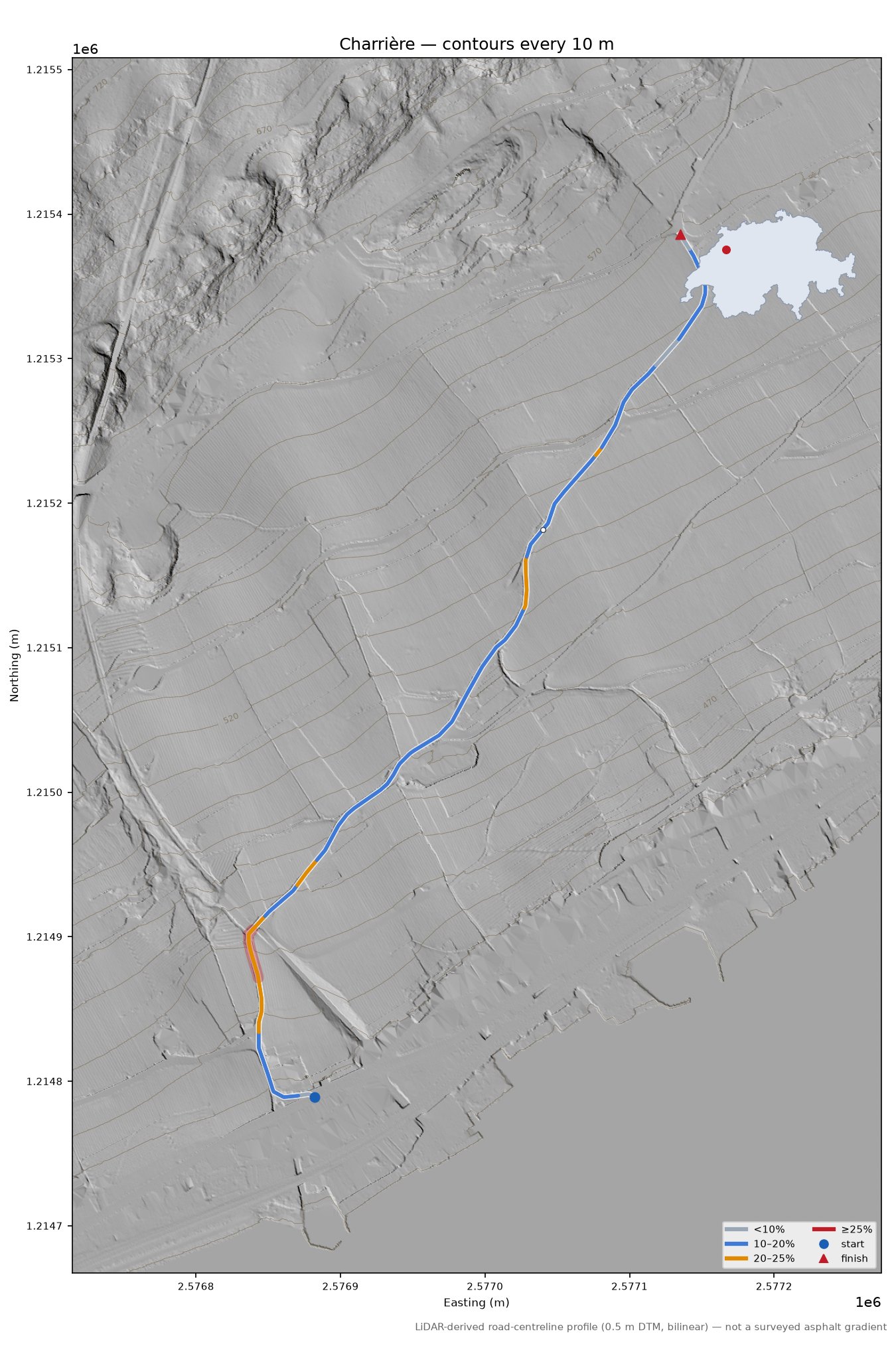 Charrière LiDAR hillshade map with contours