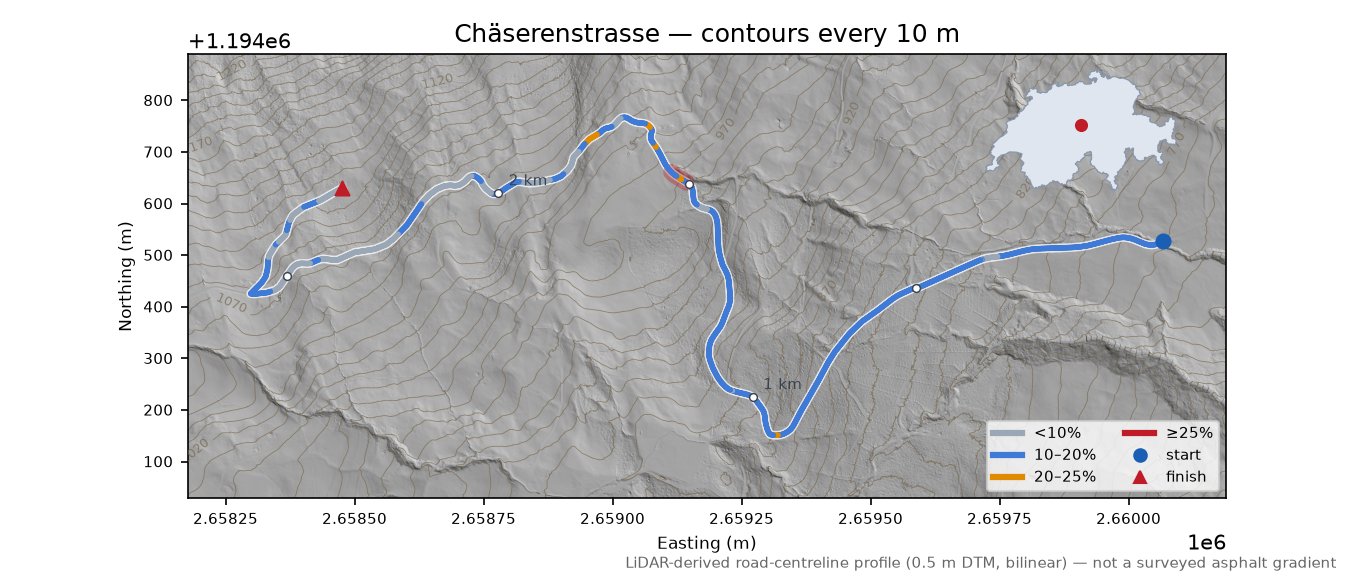 Chäserenstrasse LiDAR hillshade map with contours