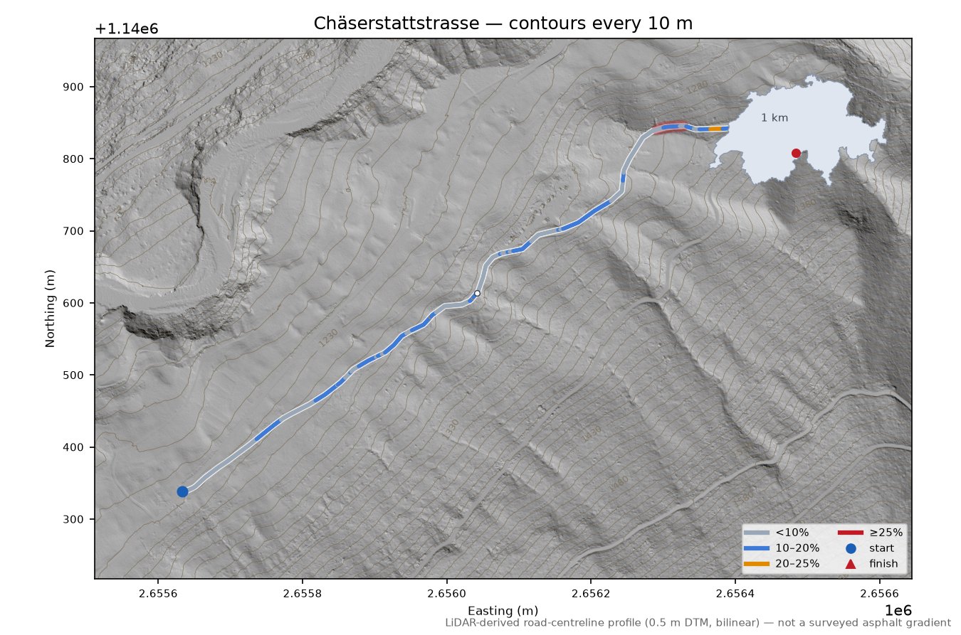Chäserstattstrasse LiDAR hillshade map with contours
