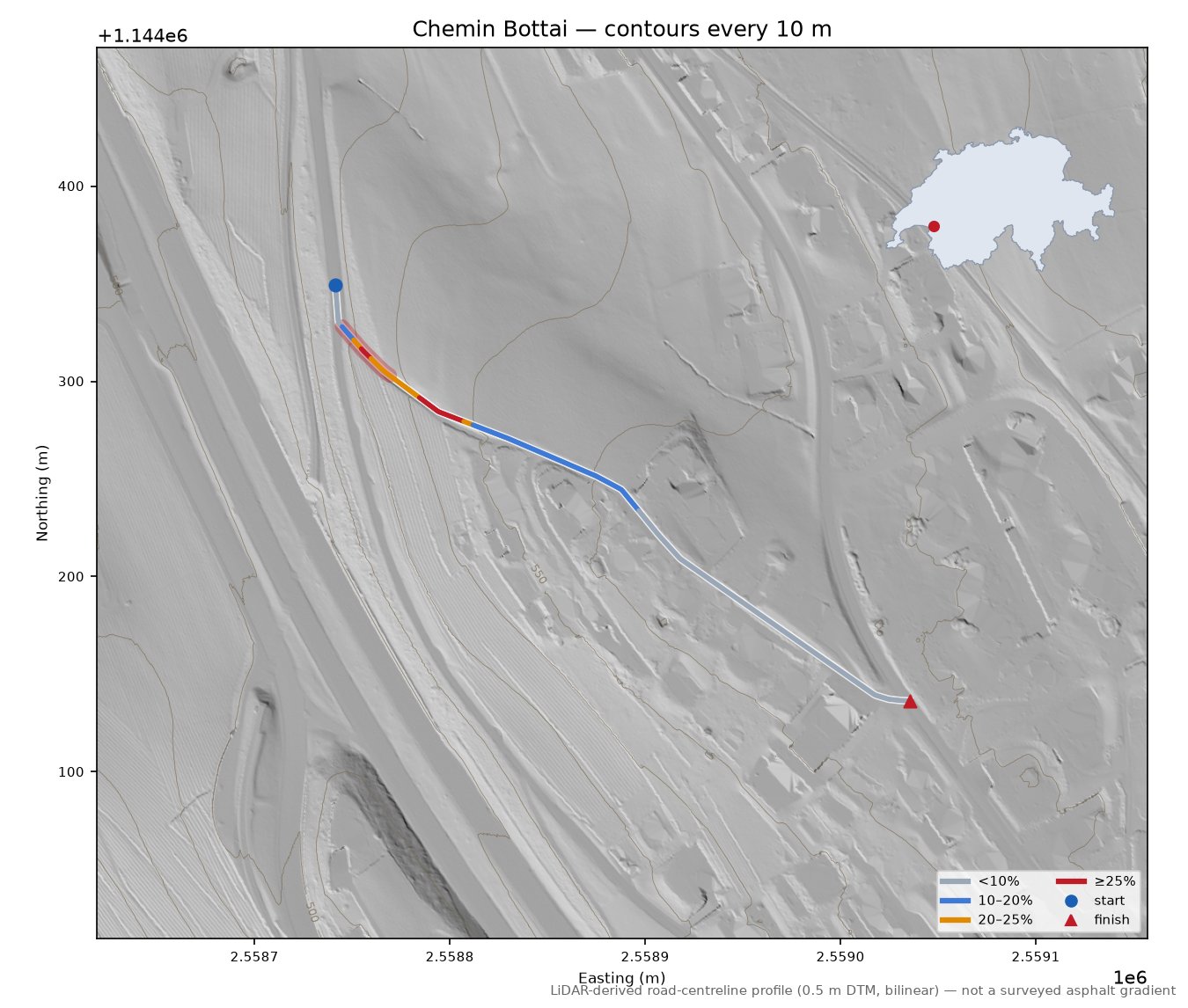 Chemin Bottai LiDAR hillshade map with contours