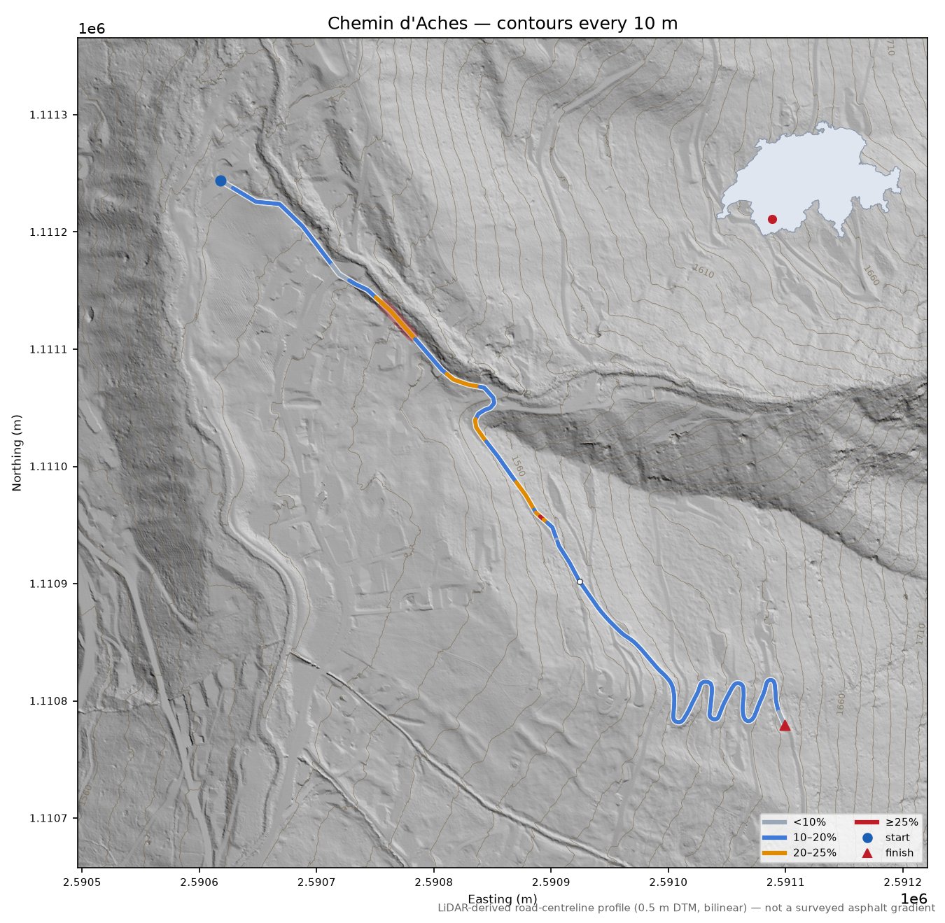 Chemin d'Aches LiDAR hillshade map with contours