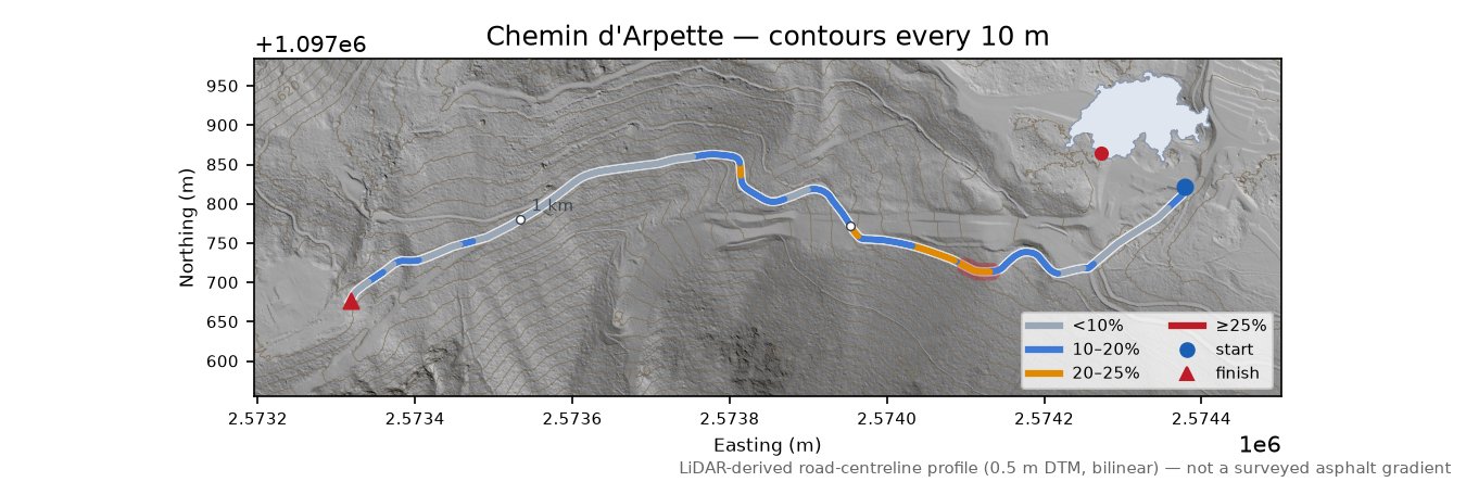 Chemin d'Arpette LiDAR hillshade map with contours
