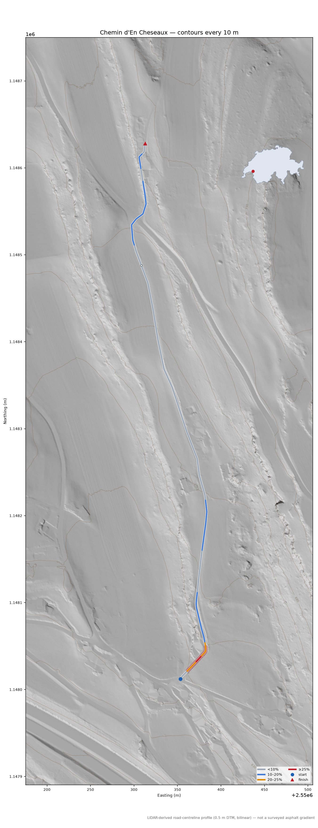 Chemin d'En Cheseaux LiDAR hillshade map with contours