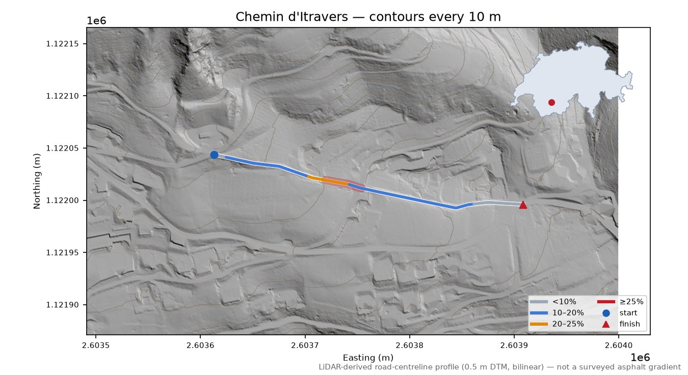 Chemin d'Itravers LiDAR hillshade map with contours