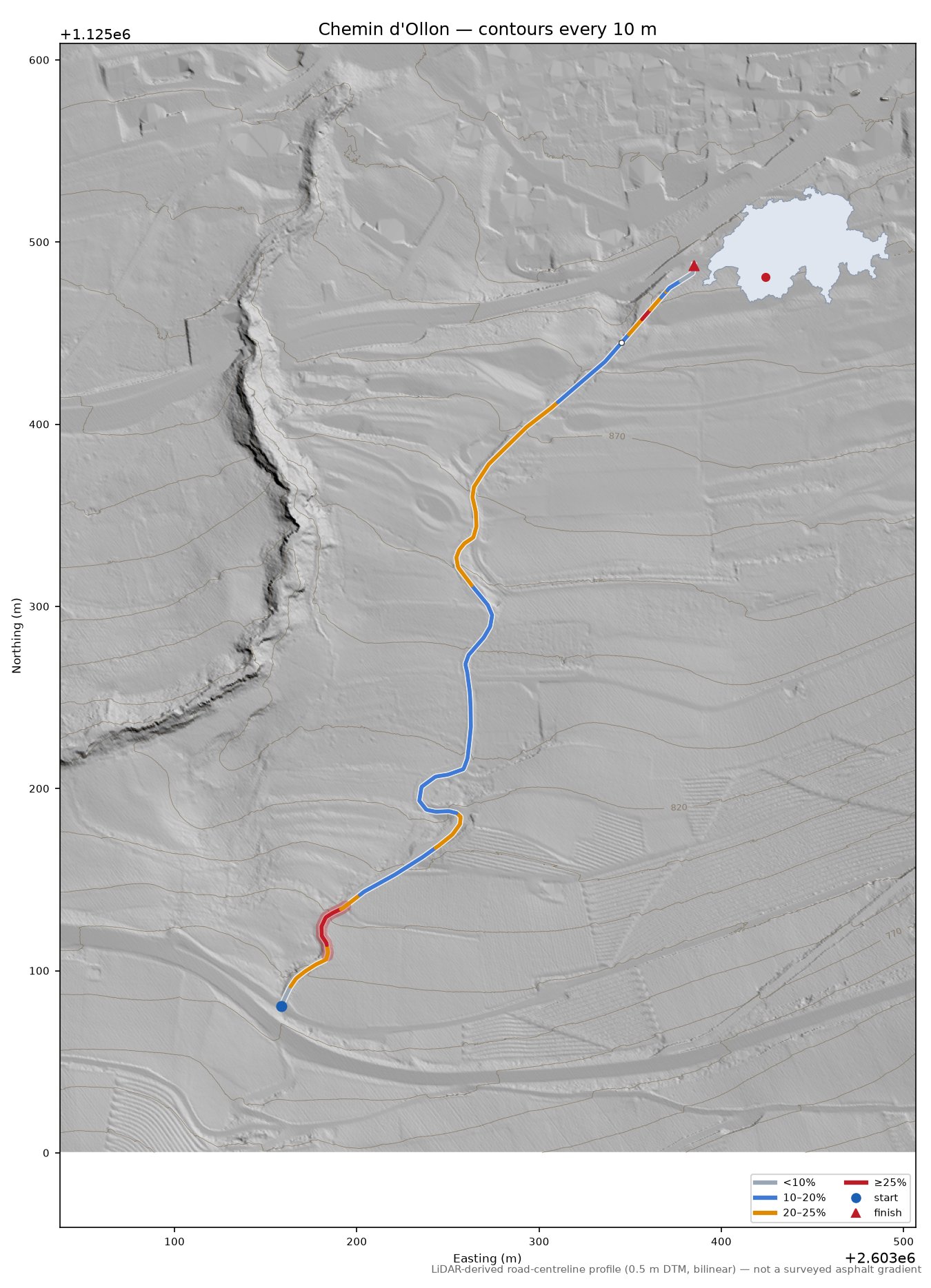 Chemin d'Ollon LiDAR hillshade map with contours