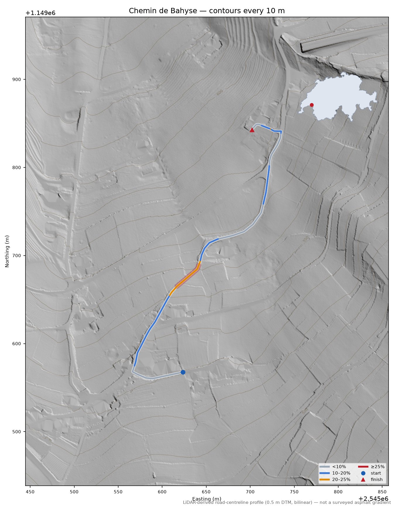 Chemin de Bahyse LiDAR hillshade map with contours
