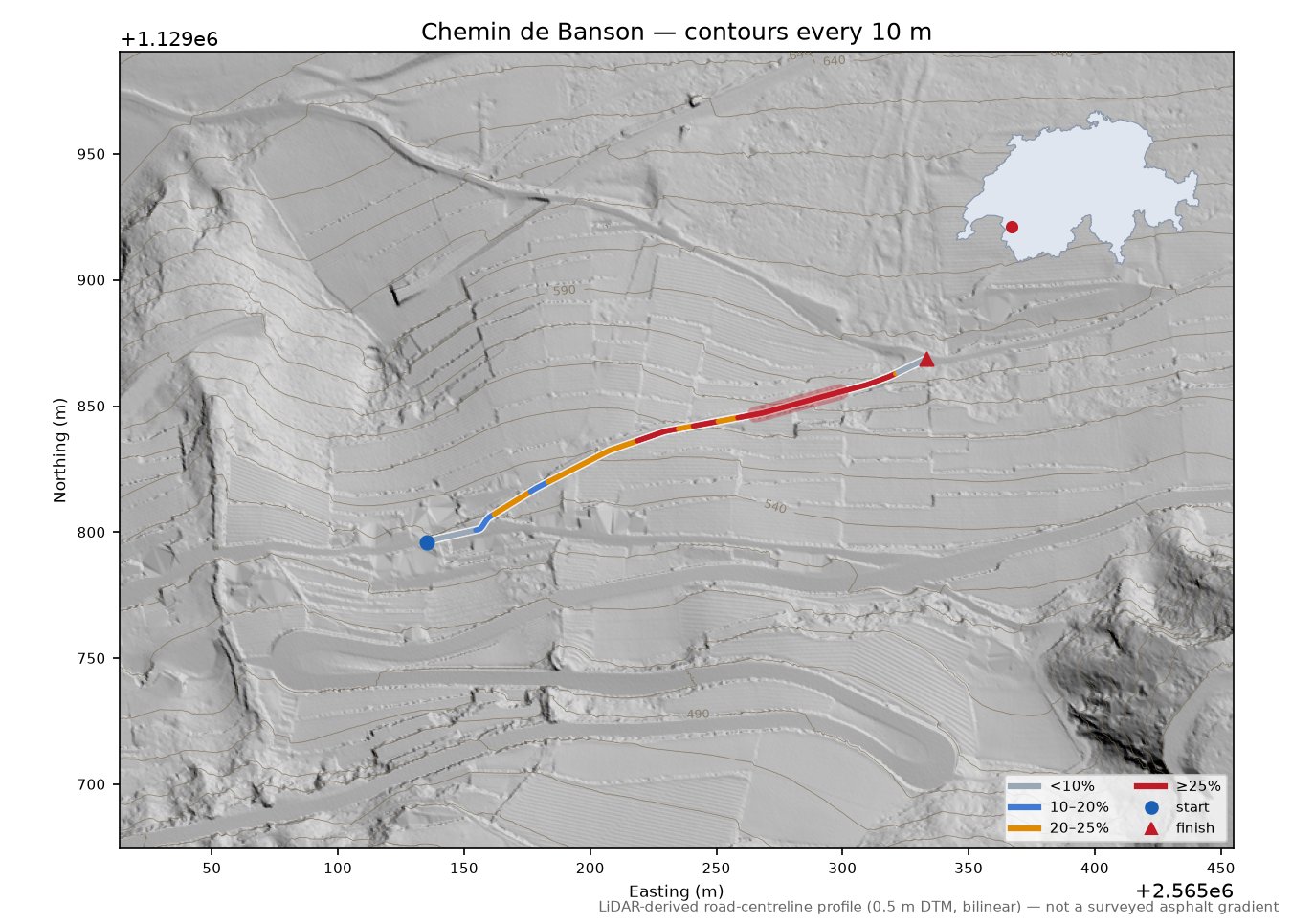 Chemin de Banson LiDAR hillshade map with contours