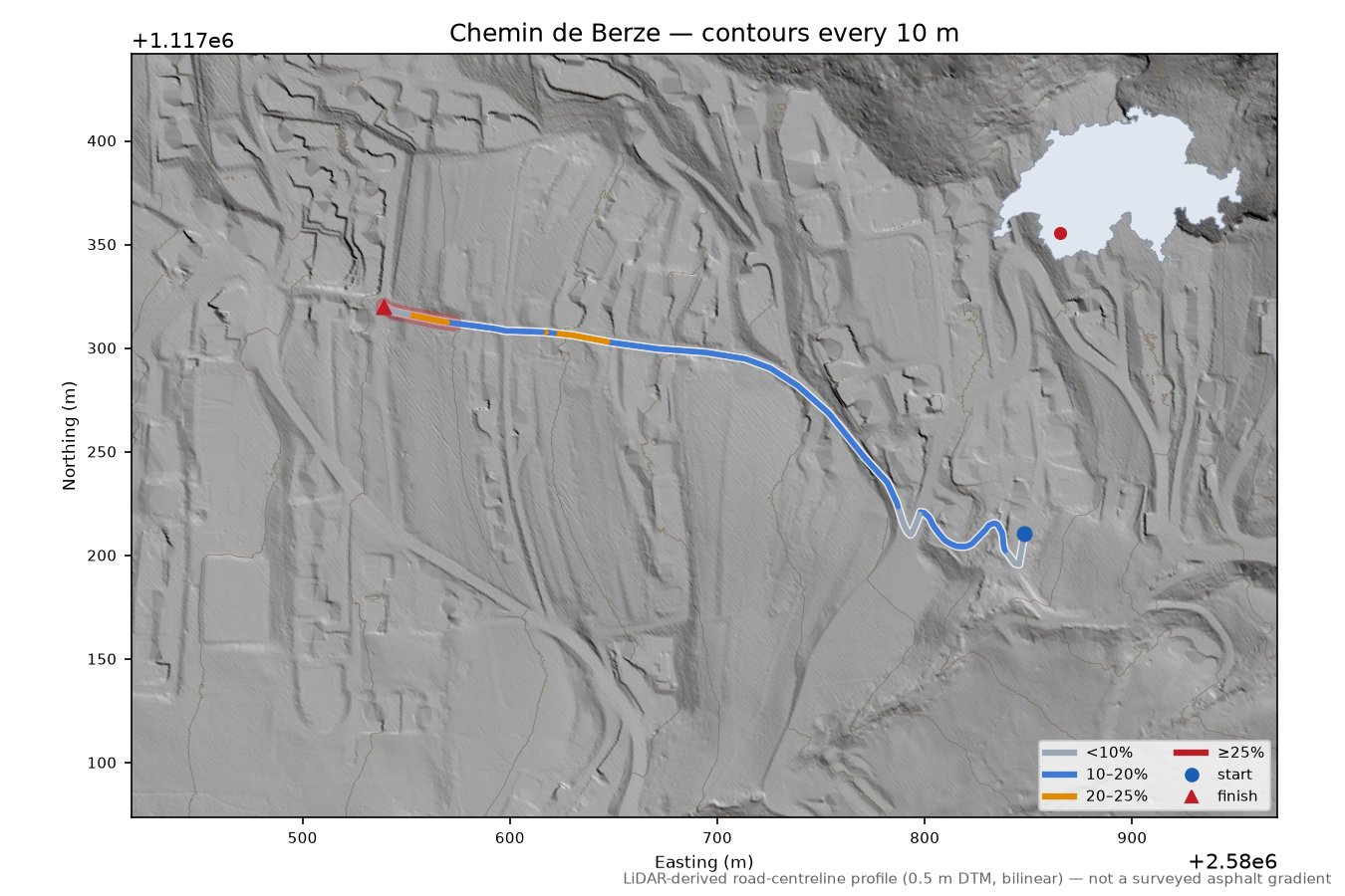 Chemin de Berze LiDAR hillshade map with contours