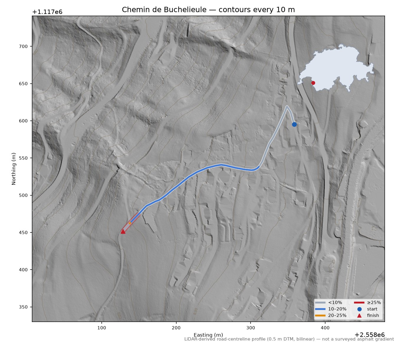 Chemin de Buchelieule LiDAR hillshade map with contours