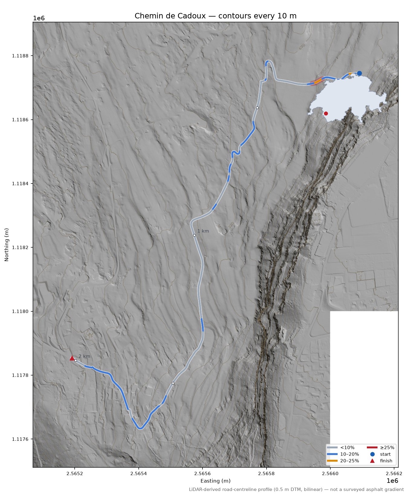 Chemin de Cadoux LiDAR hillshade map with contours