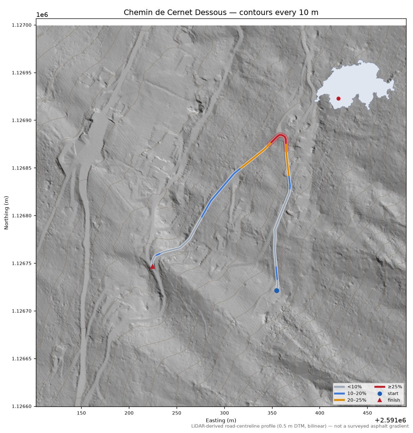 Chemin de Cernet Dessous LiDAR hillshade map with contours