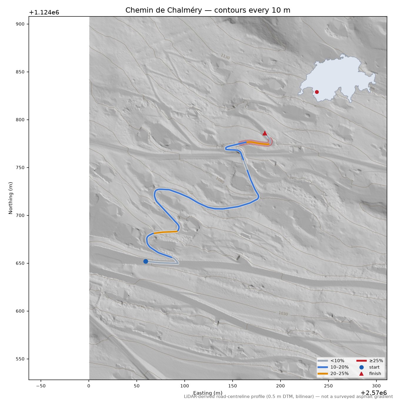 Chemin de Chalméry LiDAR hillshade map with contours