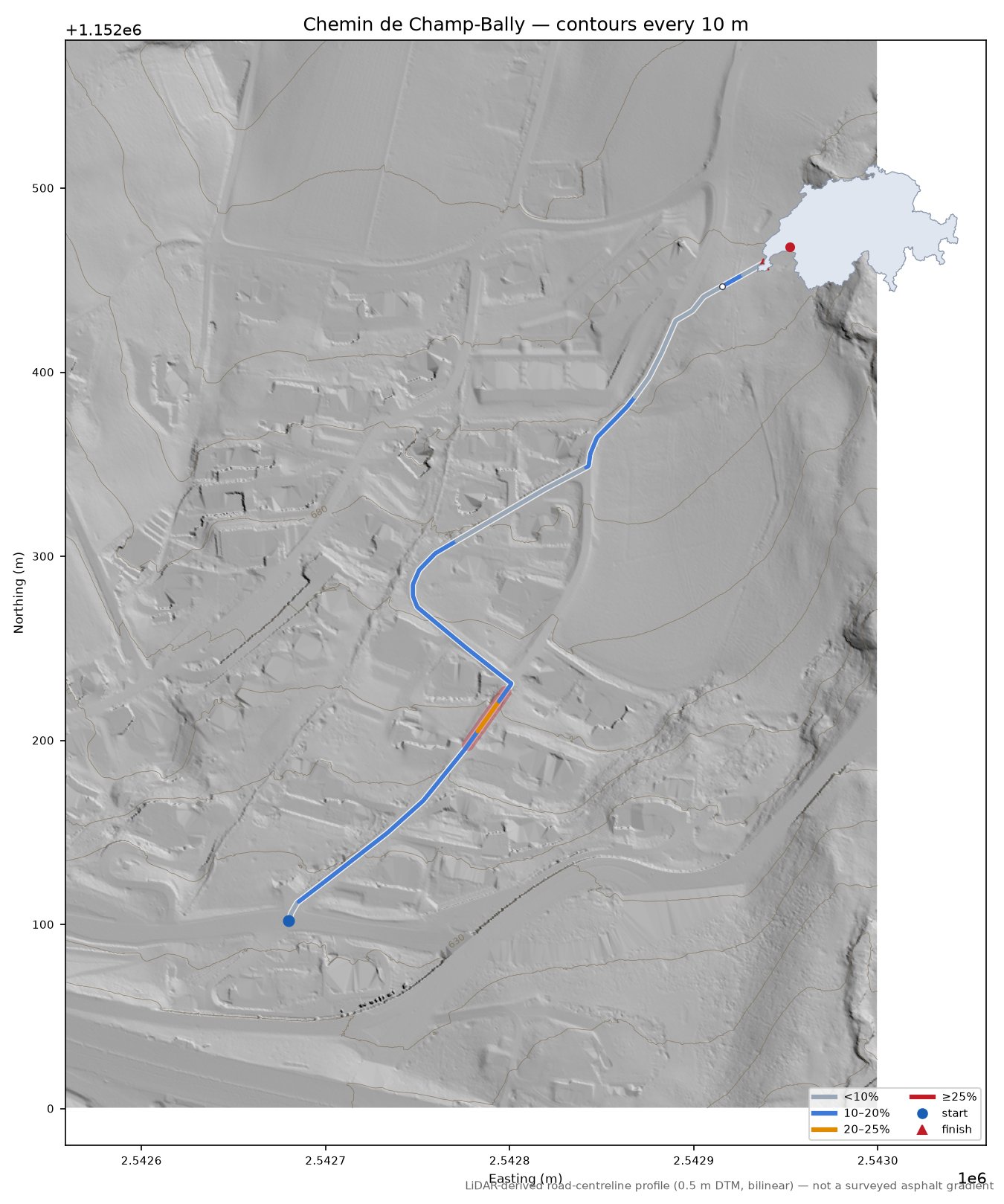 Chemin de Champ-Bally LiDAR hillshade map with contours