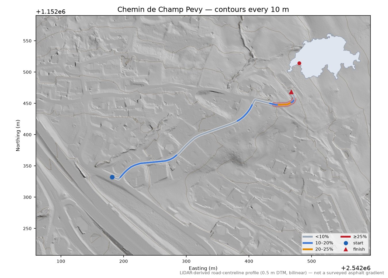 Chemin de Champ Pevy LiDAR hillshade map with contours