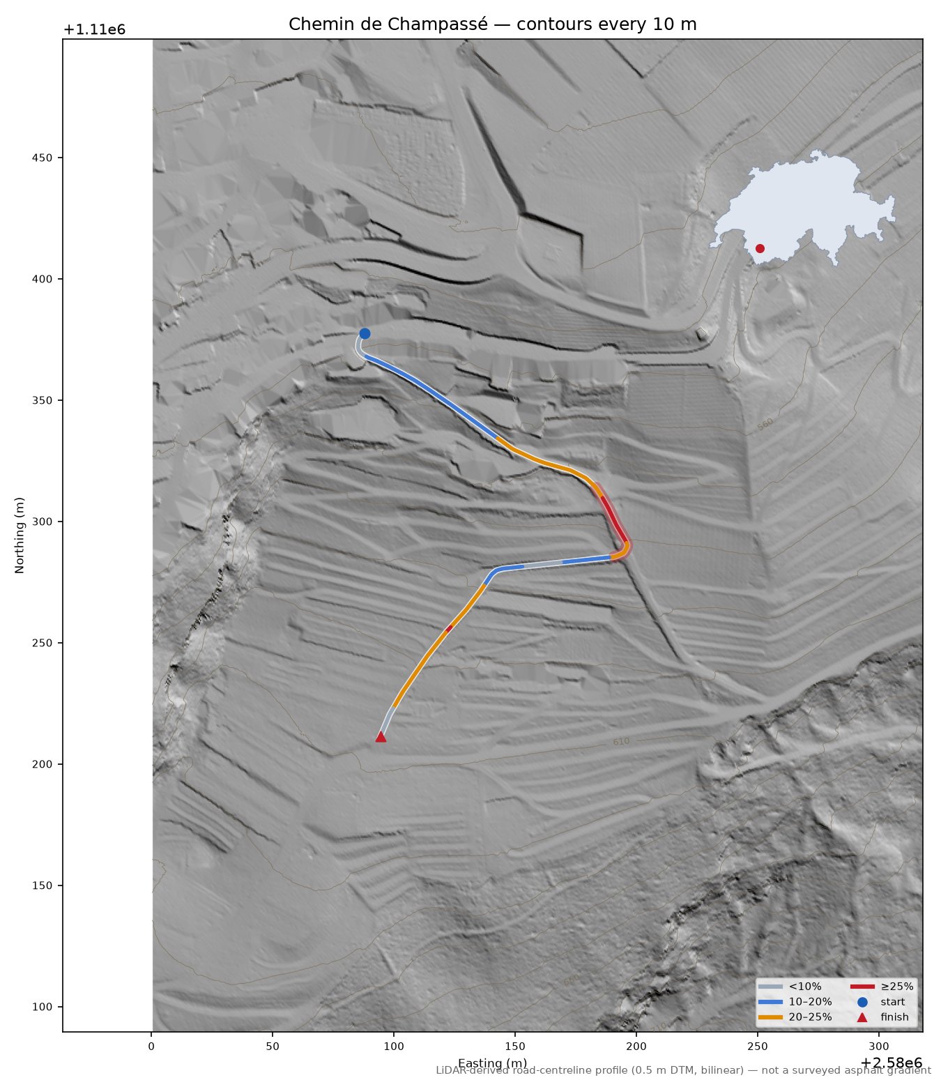 Chemin de Champassé LiDAR hillshade map with contours