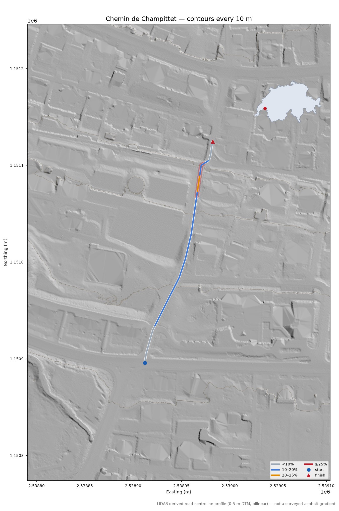 Chemin de Champittet LiDAR hillshade map with contours