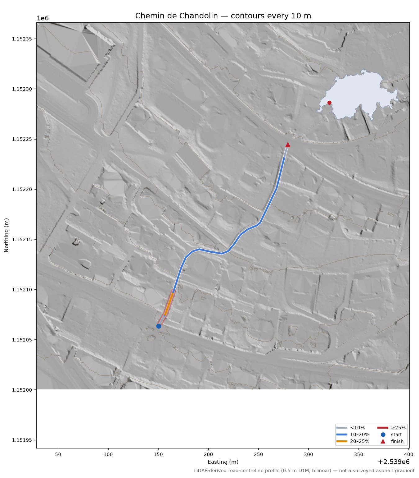Chemin de Chandolin LiDAR hillshade map with contours