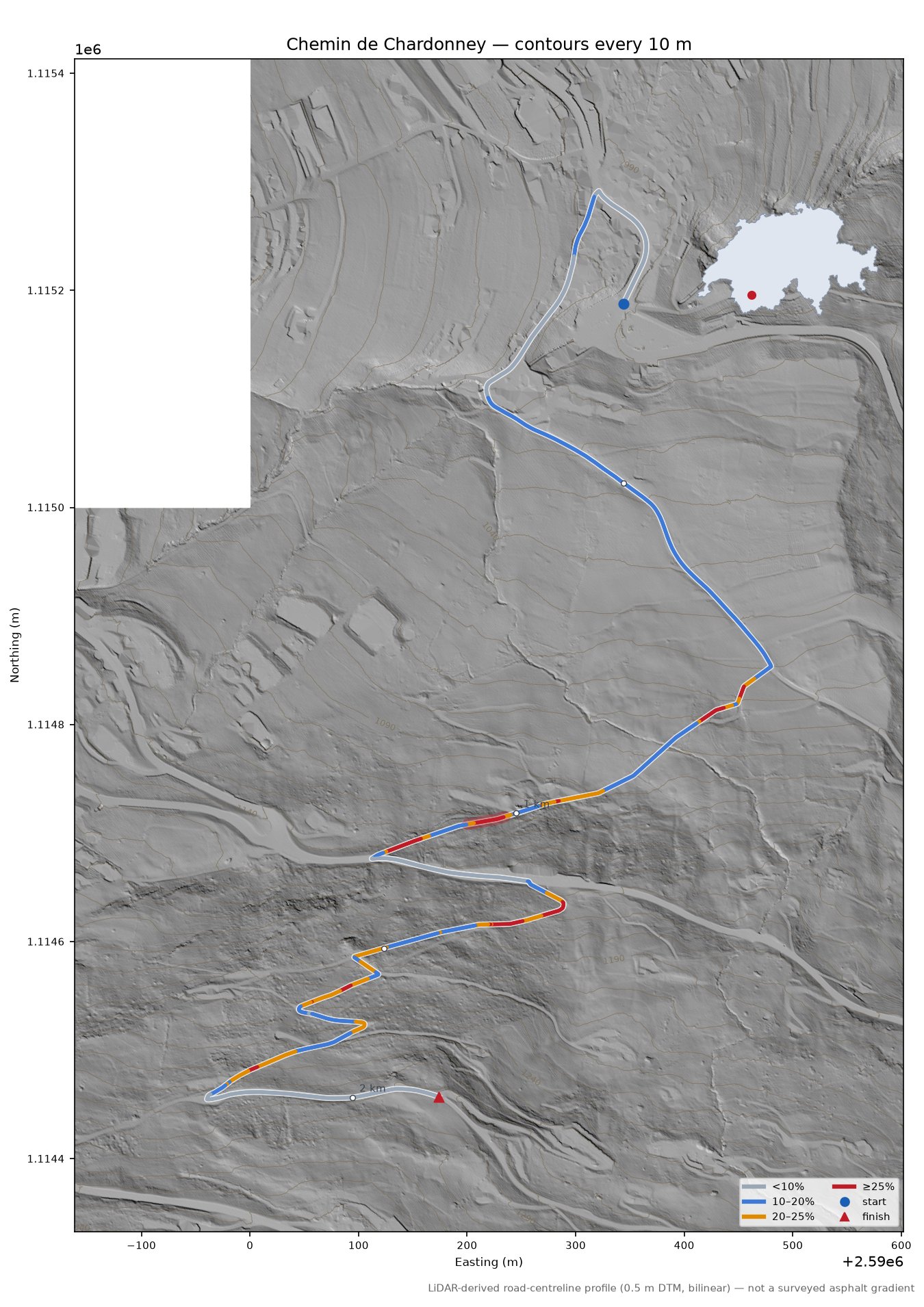 Chemin de Chardonney LiDAR hillshade map with contours