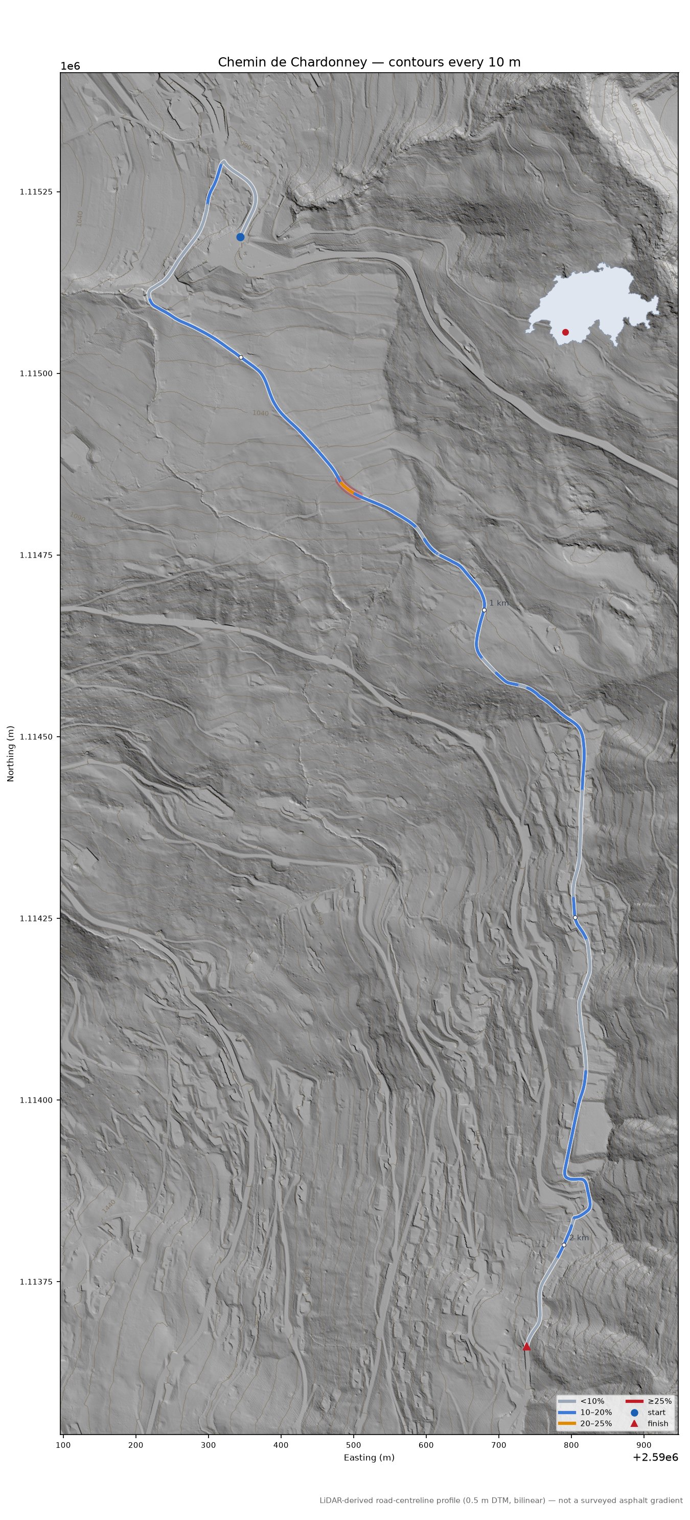 Chemin de Chardonney LiDAR hillshade map with contours