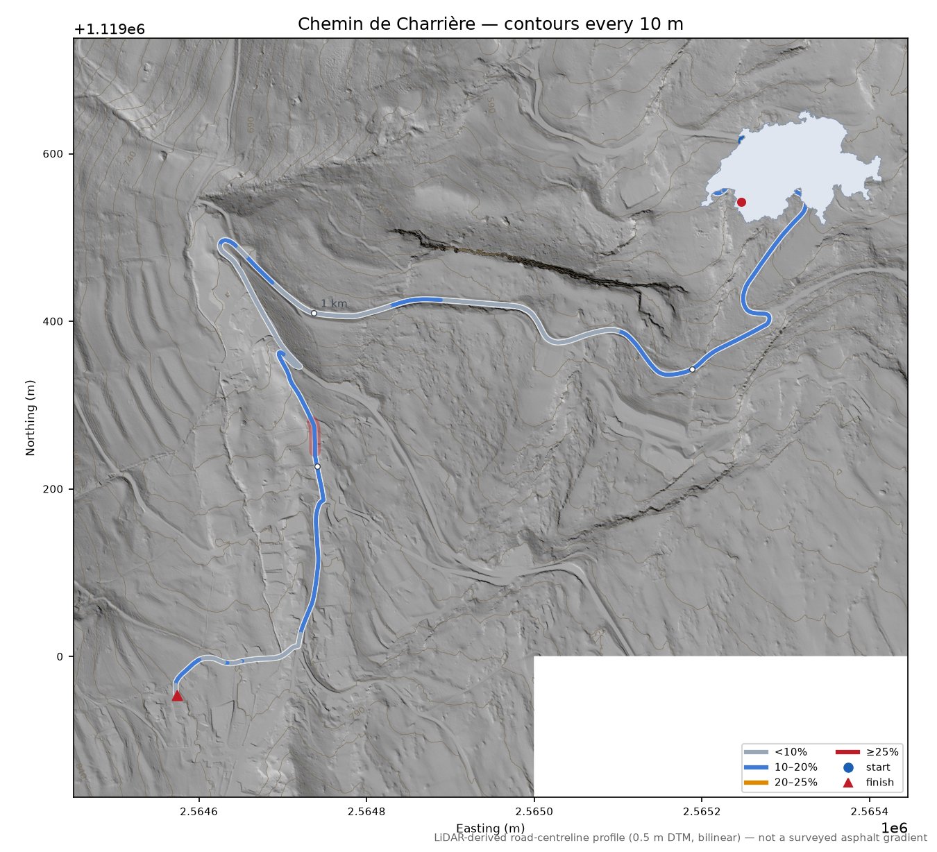 Chemin de Charrière LiDAR hillshade map with contours