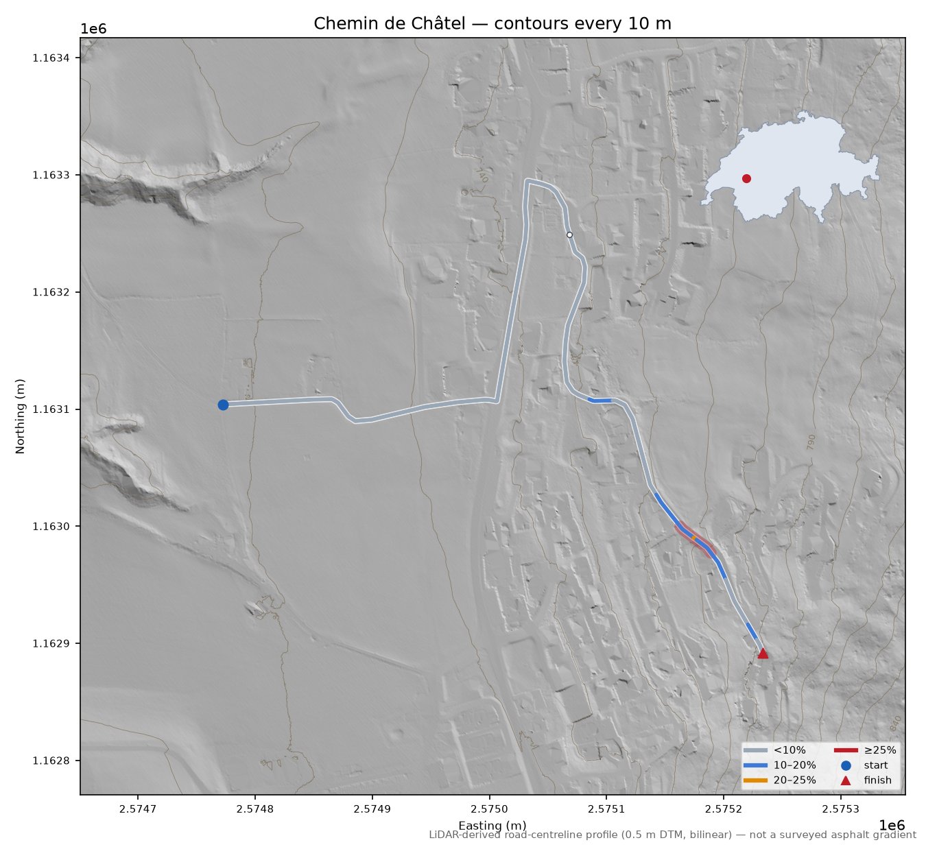 Chemin de Châtel LiDAR hillshade map with contours