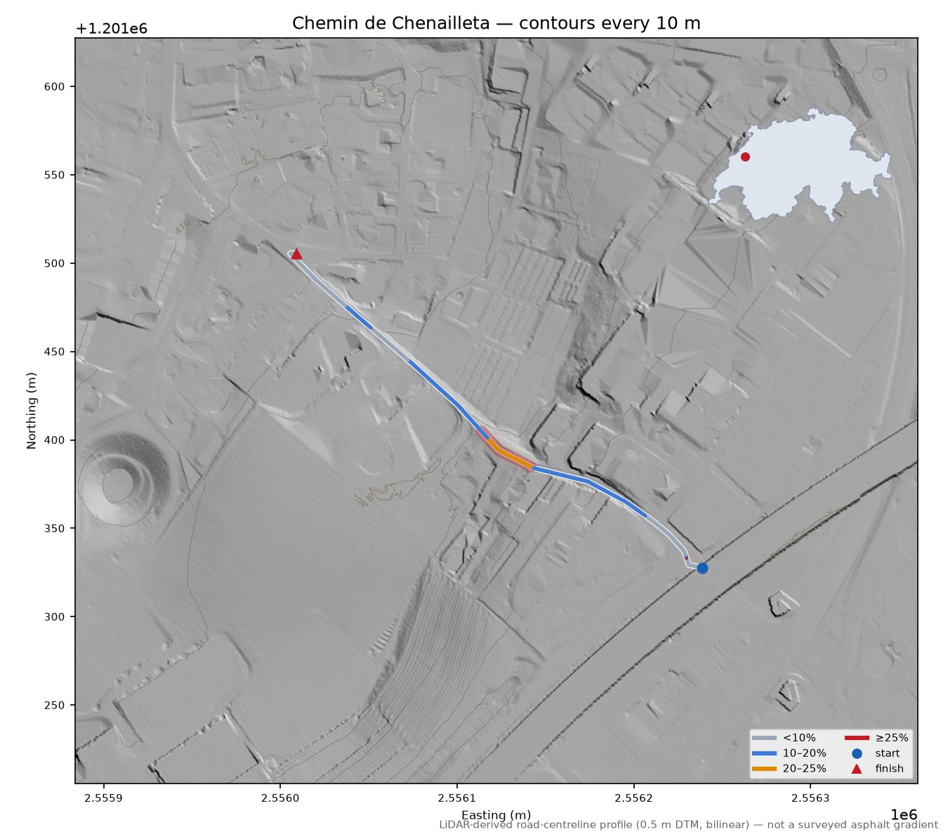 Chemin de Chenailleta LiDAR hillshade map with contours