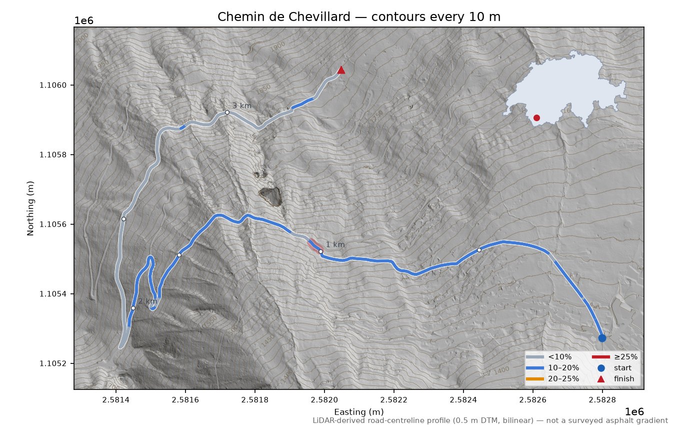Chemin de Chevillard LiDAR hillshade map with contours