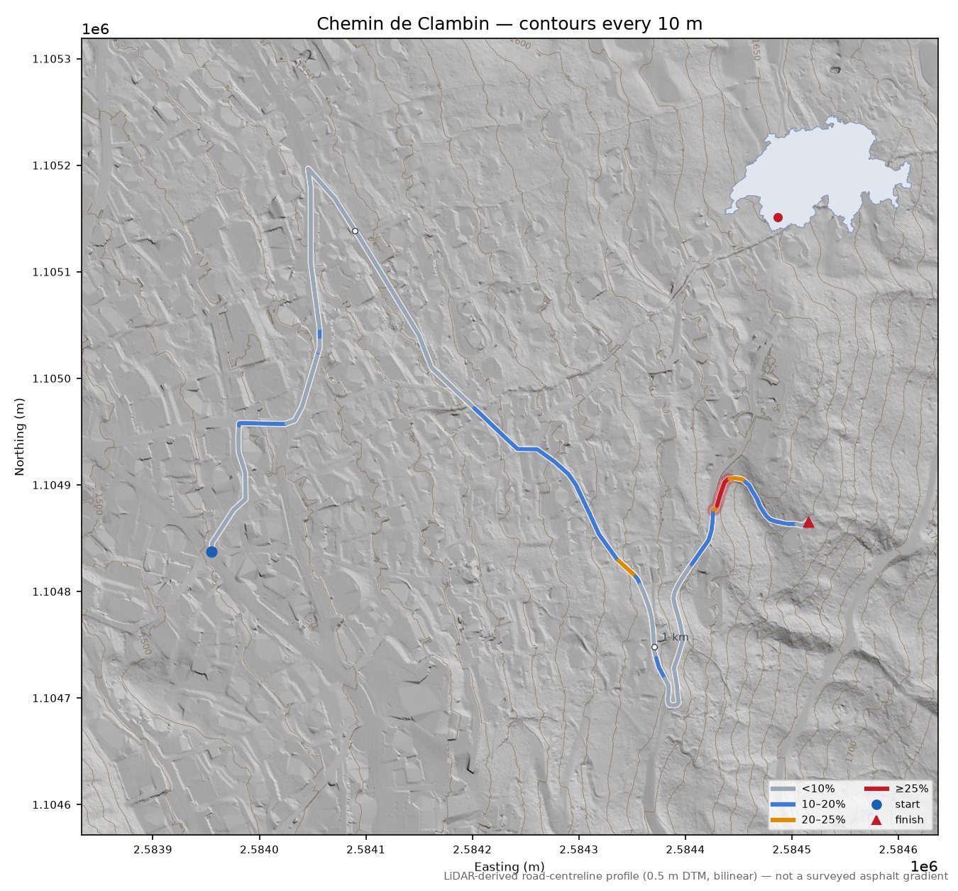 Chemin de Clambin LiDAR hillshade map with contours