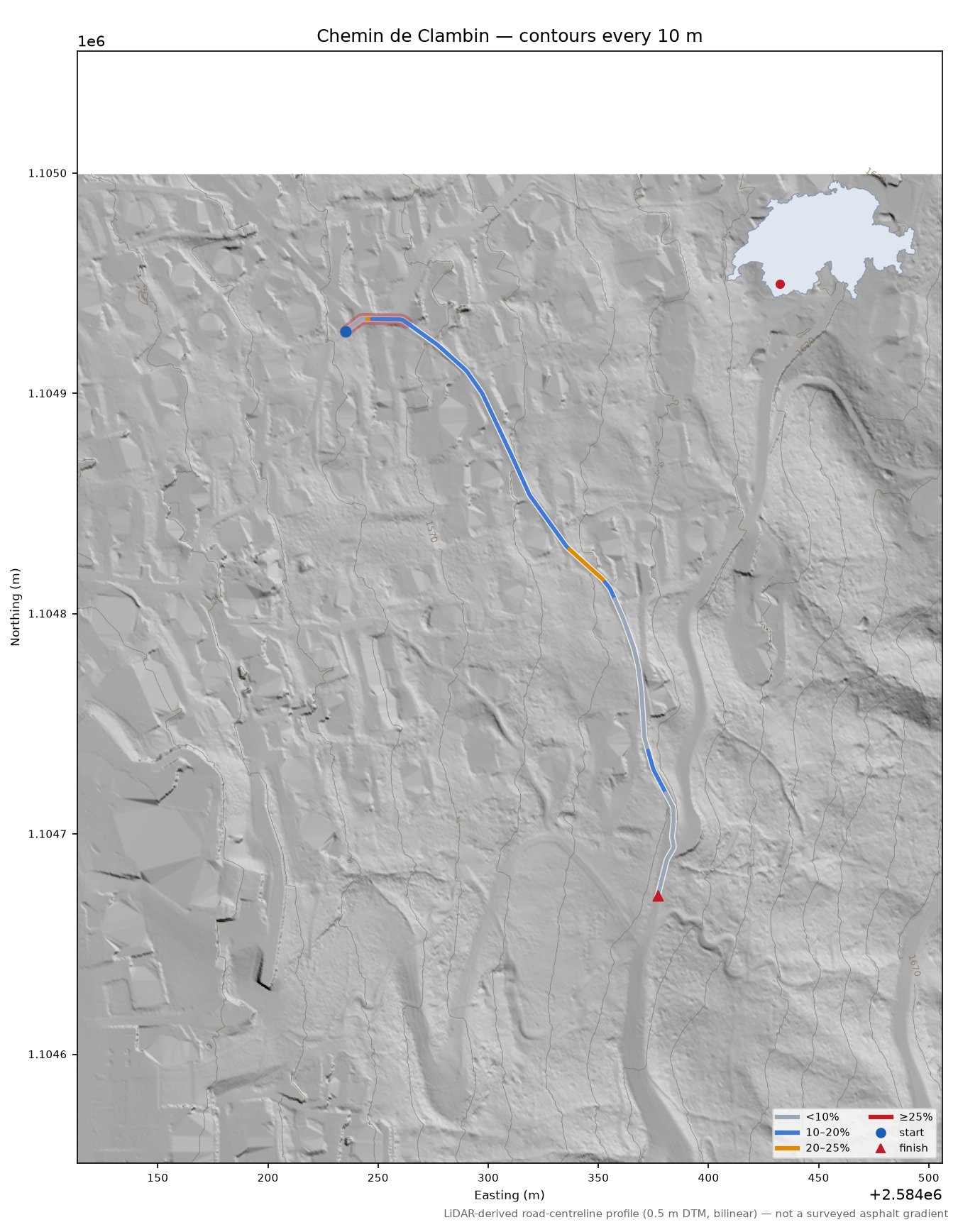 Chemin de Clambin LiDAR hillshade map with contours
